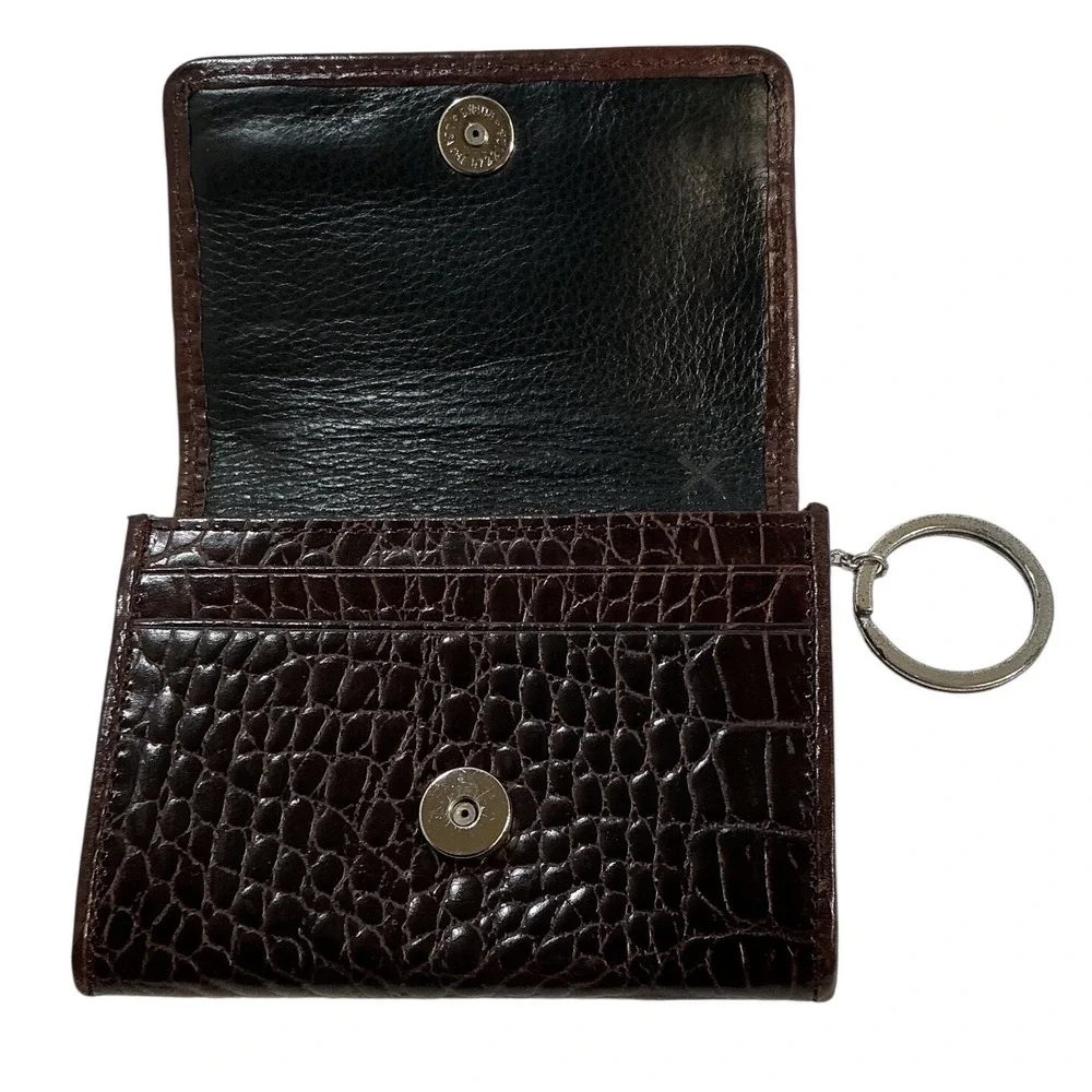 Brighton Woven Houndstooth Croc Embossed Leather Card‎ Case Wallet Brown Tan
